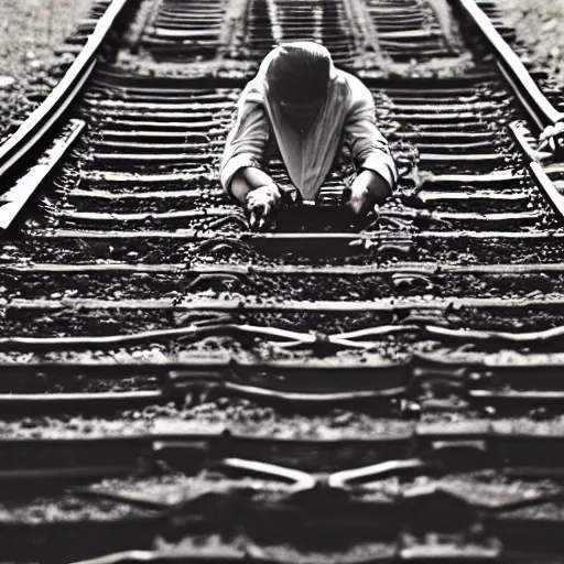 Prompt: justin sun bound in rope laying on train tracks,, beautiful cinematic lighting, epic composition, approaching train