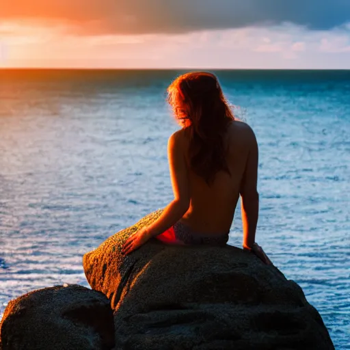 Prompt: a beautiful photograph of a mermaid sits on a rock and stares at the island, sunset lighting, rim light, hyper realistic, 1 0 5 mm, cinematic frame