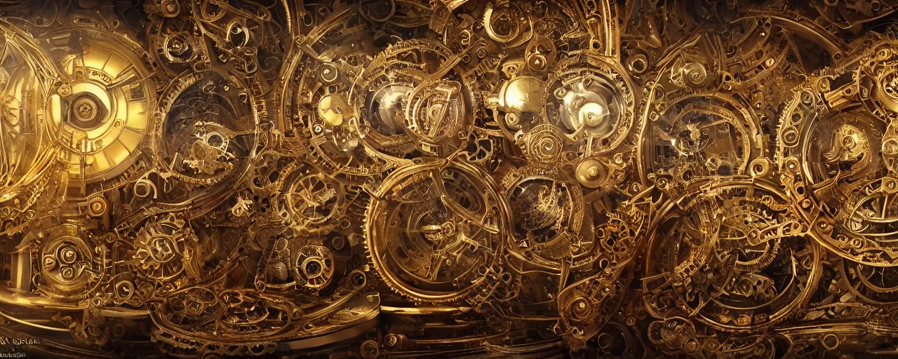 Prompt: dynamic composition, intricate layered golden clockwork machine with cogs!!!!!!, steam punk, extremely detailed, steampunk, art deco!, ornate gilded cosmic machine, in the style of simon lee and jama jurabaev, engraved, artgerm, wlop, featured on cgsociety, unreal engine, 8 k render, octane, raytracing