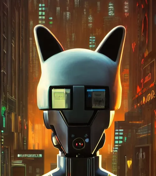 Image similar to new york city portrait icon of furry anthro anthropomorphic stylized cat head android service droid robot machine fursona sleek glossy black tech gloomy rainy screenshot from the video game cyberpunk 2077 digital art by Greg Rutkowski, Simon Stalenhag, christopher nolan trending on Artstation, CGSociety