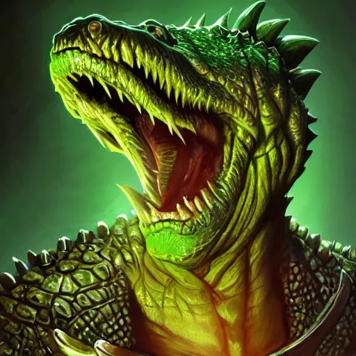 Prompt: bright, colorful, realistic, detailed from Elder Scrolls: shivering isles concept green daedroth aligator man full body backlighting, kodachrome, high contrast, highly detailed, sharp focus, digital painting, concept art, illustration, trending on artstation, comic book by Alex Ross and Adam Adamowicz cover art