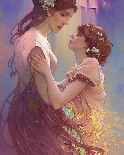 Image similar to secret romance, highly detailed, gold filigree, romantic storybook fantasy, soft cinematic lighting, award, disney concept art watercolor illustration by mandy jurgens and alphonse mucha and alena aenami, pastel color palette, featured on artstation