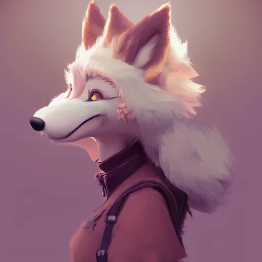 Prompt: portrait character design a cute fluffy wolf girl, style of maple story and zootopia, 3 d animation demo reel, portrait studio lighting by jessica rossier and brian froud and gaston bussiere