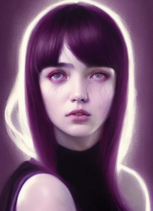 Image similar to portrait of teenage girl, red irises, bangs, black and white hair, white bangs, purple clothes, white bangs, bangs, black hair and white bangs, intricate, elegant, glowing lights, highly detailed, digital painting, artstation, concept art, smooth, sharp focus, illustration, art by wlop, mars ravelo and greg rutkowski