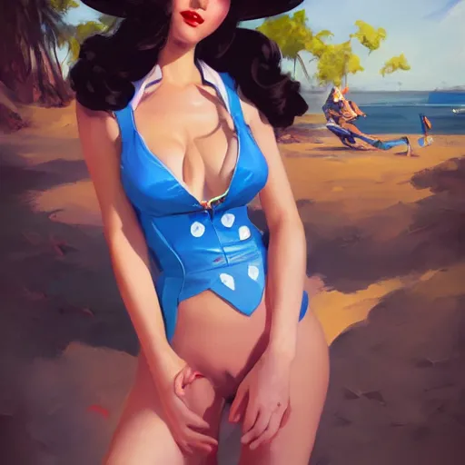 Prompt: a sexy pinup art of d. va from overwatch in a beach, artwork by greg manchess, medium shot, asymmetrical, organic painting, sunny day, matte painting, bold shapes, hard edges, street art, trending on artstation, by huang guangjian and gil elvgren and sachin teng