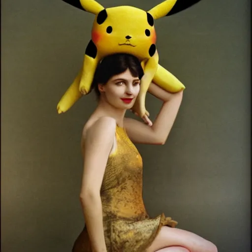 Image similar to elegant woman dressed up as pikachu, art photo by Annie Liebovitz and David Hamilton and Alphonse Mucha