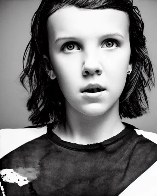 Image similar to close up photo of millie bobby brown by yoji shinkawa, black and white