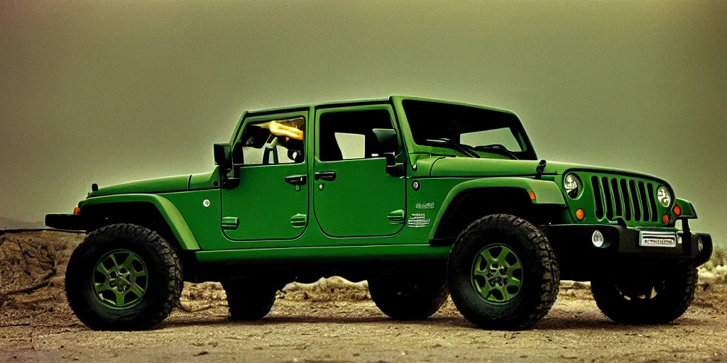 Image similar to Green Jeep Wrangler black background, Ernst Haas