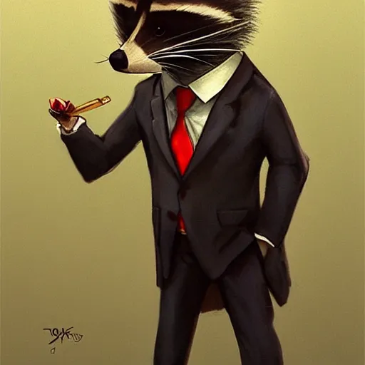 Image similar to a racoon wearing a suit smoking a cigar, dramatic lighting, cinematic, establishing shot, extremly high detail, photorealistic, cinematic lighting, artstation, style by James Gurney