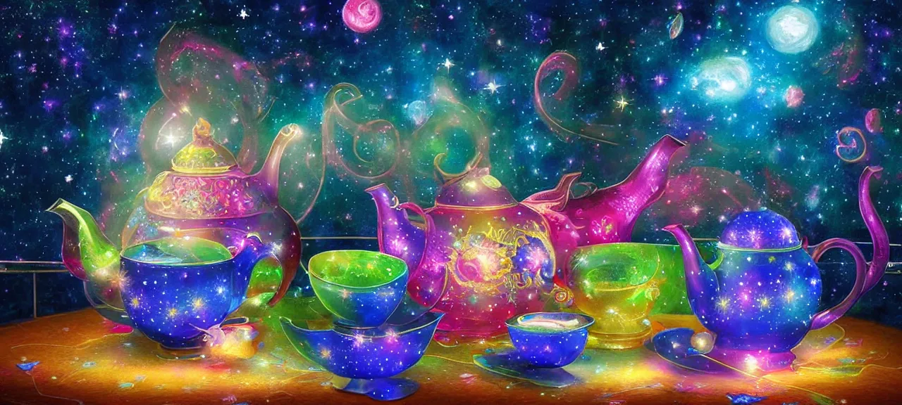 Prompt: high resolution 4k Blessing Tea Cozy night tea fantasy tea dark and colorful, bright sparkling lights realistic night sky, stars, moon, bright crystal lanterns 3d, depth details In the art style of Victor Nizovtsev