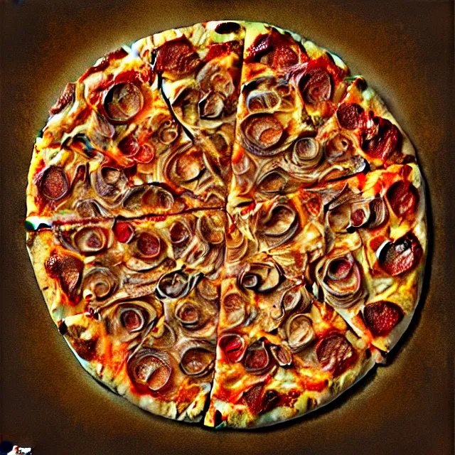 Image similar to fractaled pizza by peter gric, atmospheric artwork, hd, artstation, behance