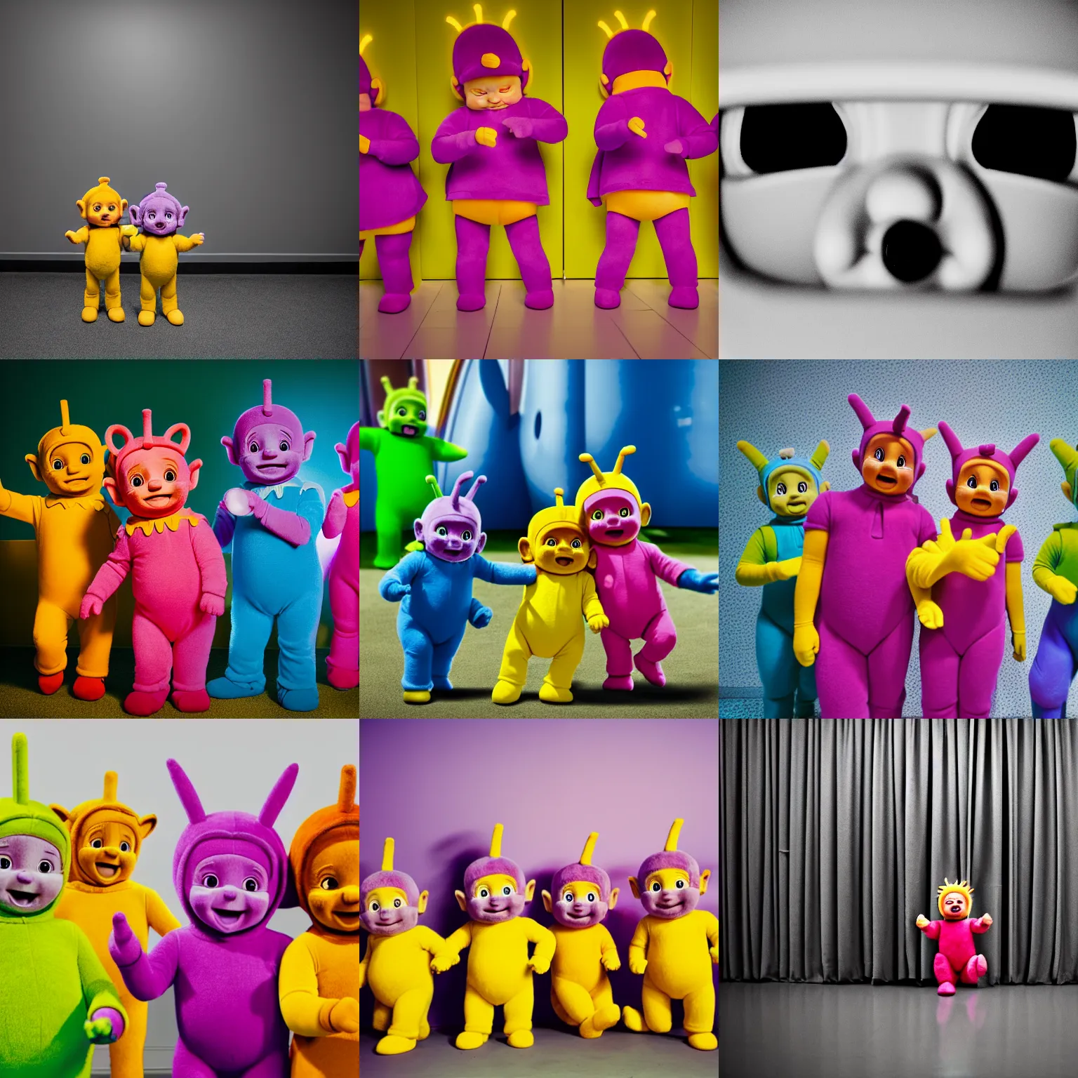 Prompt: teletubbies in the backrooms, high key, disturbing, 8 k, claustrophobic, bokeh, sigma 8 5 mm f / 1. 4