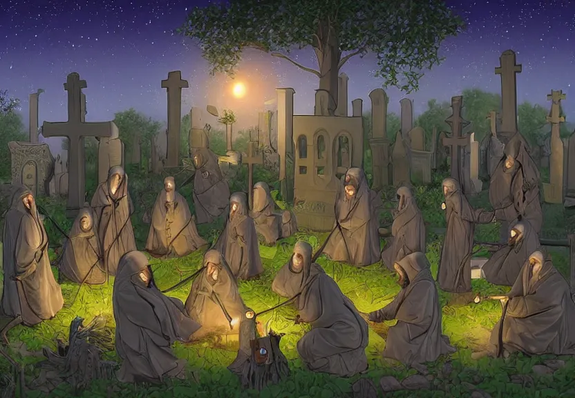 Image similar to possums dressed like monks at a medieval cemetery in the middle of the forest at night, highly detailed, photorealistic, isometric, digital art