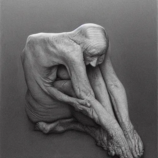 Image similar to an elderly withered woman in fetal pose by zdzisław beksinski