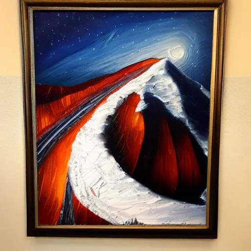 Prompt: detailed oil painting of a 🏂 on 🌨️ at 🌌