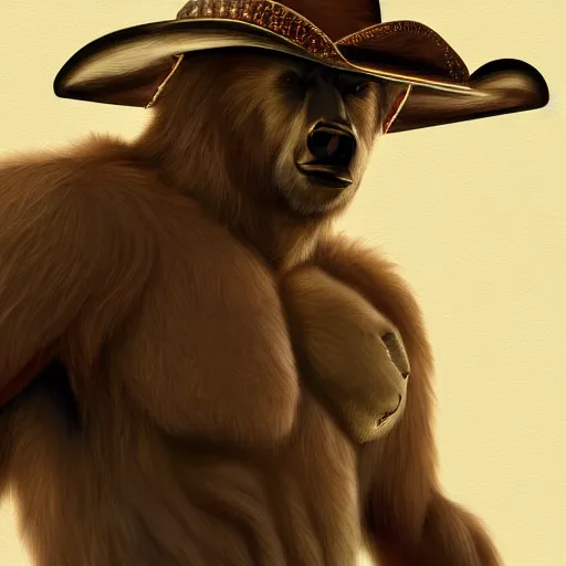 Image similar to portrait of bear beast-man wearing a cowboy hat, digital art, concept art, highly detailed, sharp focus