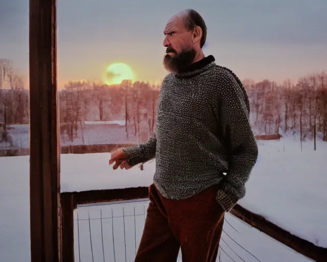 Image similar to lomographic tarkovsky film still of 4 0 years russian man with beard and sweater standing on small hrushevka 9 th floor balcony in winter taiga looking at sunset, cinestill, bokeh