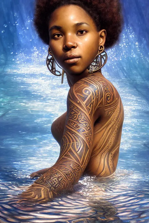 Image similar to underwater photography full body portrait of beautiful nubian ancestral tribal tattooed young hunter pincess, swimming underwater low angle realistic 4 k high quality photography by terry o'neill intricate, elegant, highly detailed, digital painting, artstation, concept art, smooth, sharp focus, illustration, art by artgerm and greg rutkowski and alphonse mucha, 8 k