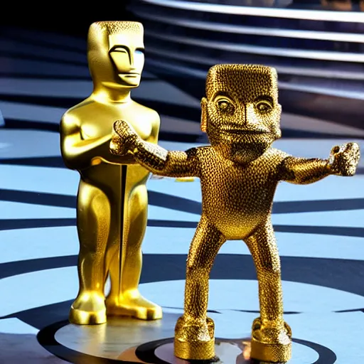 Image similar to Will Smith on the Oscars Stage holding an Academy Awards Trophy replaced with a Golden mini Moai, full body, 8k, hyperrealism, award winning photograph