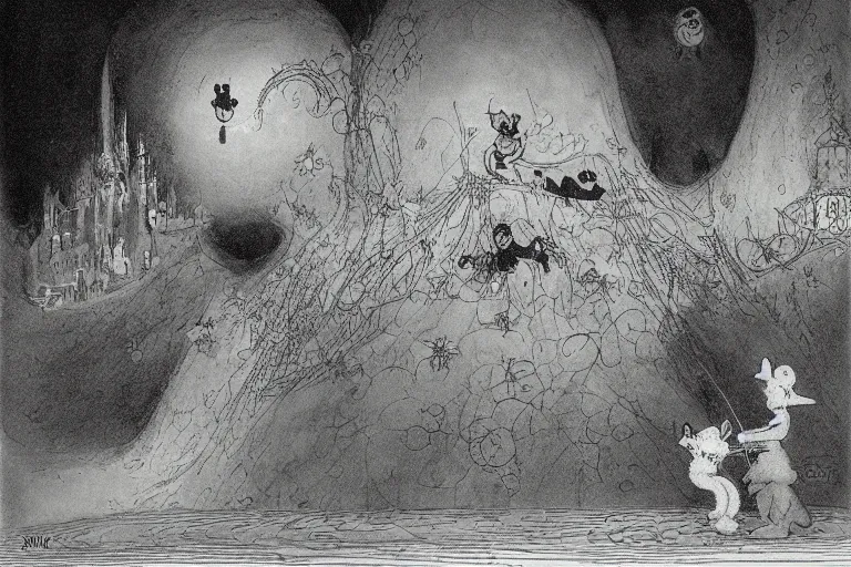 Prompt: magical 1920's style disney art of a mickey mouse scene by sidney sime gustave dore goya