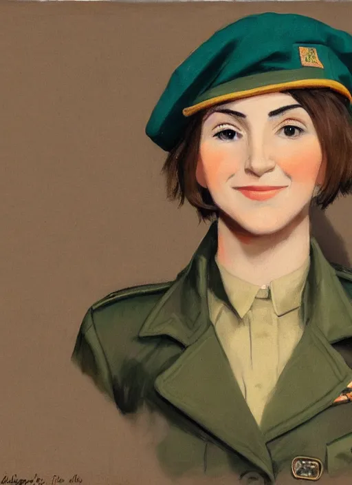 Image similar to portrait bust of young woman with light brown hair and hazel eyes dressed in a sharp dark teal military uniform with beret, saluting, smiling at camera, ilya kuvshinov