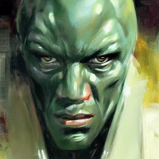 Prompt: face protrait of martian manhunter, realistic, ultrahd, jeremy mann painting