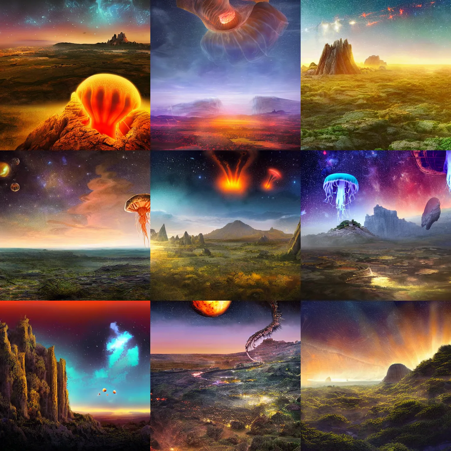 Prompt: digital art perspective shot from a ledge high in the air of a massive varied and ancient fantasy landscape, ruins and cities in the distance, jagged mountains in the background at the edges of the landscape, a bright orange gigantic jellyfish hovering in the distant twilight sky, illuminated stars and galaxies, verdant field in the foreground