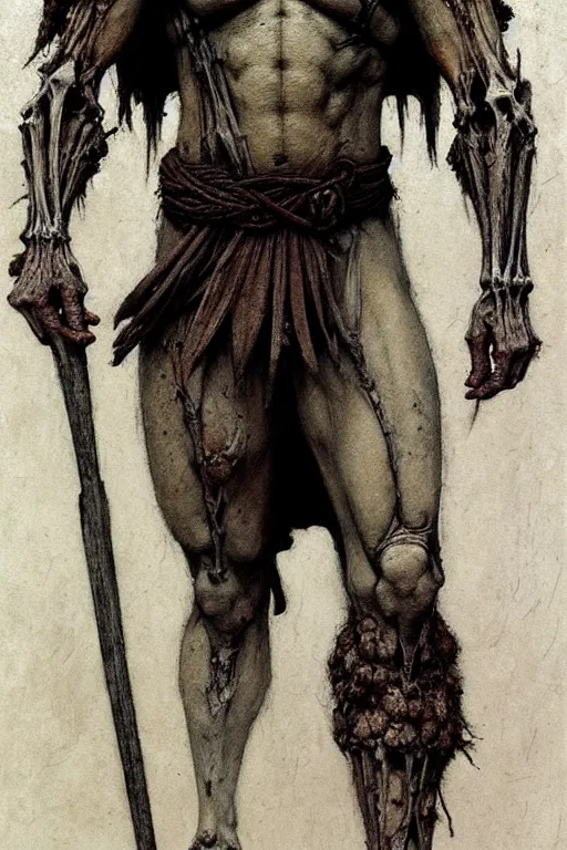 Prompt: character concept art, full view. a large grayskinned covered in scars muscular calm man with black shorn hair. calm face. partially dressed in armor made entirely of bones, long loincloth, thick belt, kneepads. extremely high details, solo, realistic, masterpiece, art by beksinski, arthur rackham, dariusz zawadzki