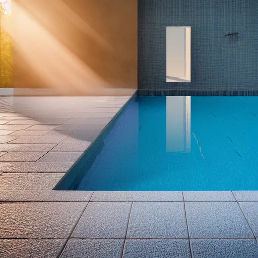 Image similar to liminal space photography, swimming pool, ceramic tiles on the floor and walls, sunset light, clear water, high detailed, photorealistic 4k - H 768