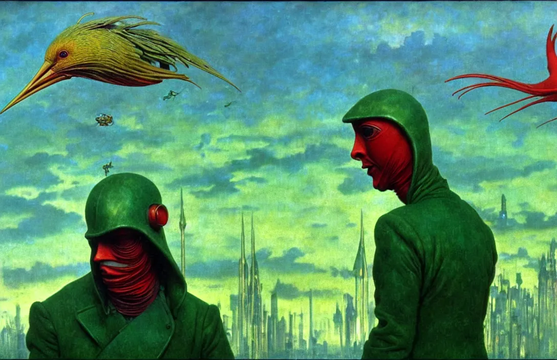 Image similar to realistic detailed portrait movie shot of a birdman wearing green leather coat, sci fi city landscape background by denis villeneuve, amano, yves tanguy, alphonse mucha, ernst haeckel, max ernst, roger dean, masterpiece, rich moody colours, blue eyes