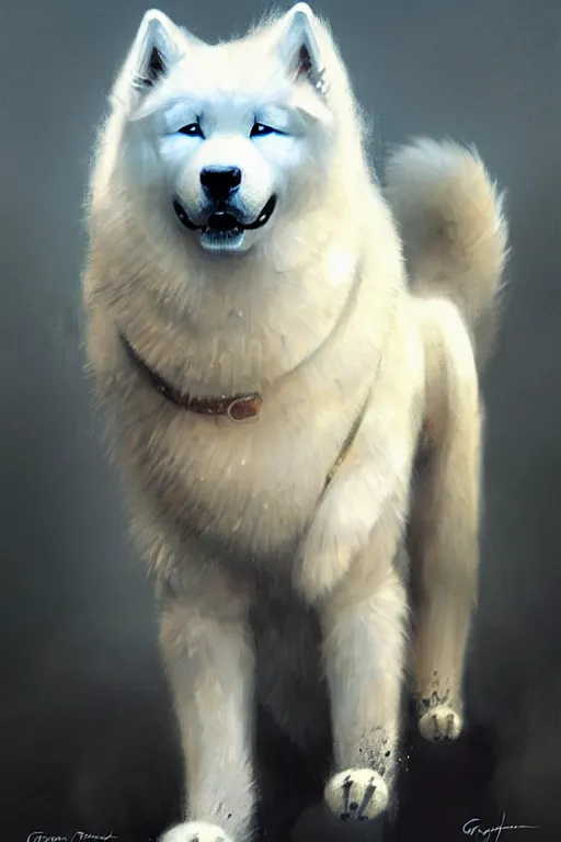 Image similar to greg rutkowski portrait of a heroic samoyed