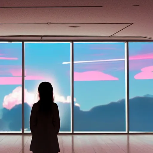 Image similar to a partial silhouette of a girl looking out a large window at a space scene, lofi aesthetic volumetric lighting, dramatic, realistic, intense,