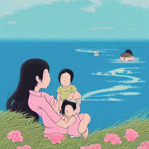 Prompt: “detailed illustration or mother and child playing next to the ocean, Miyazaki arty style”