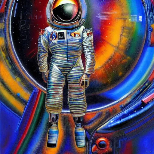 Prompt: futurist cyborg emperor, perfect future, award winning art by alan bean, iridescent color palette