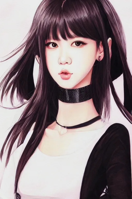 Image similar to realistic detailed semirealism beautiful gorgeous cute Blackpink Lalisa Manoban wearing white tight t-shirt, black hair black cat ears, black leather choker, proportional body, WLOP, Aztodio, Taejune Kim, sakimichan, ArtGerm, Pixiv, Instagram, Artstation