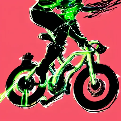 Image similar to Izuku Midoriya riding a electric bike neon, Yoji Shinkawa