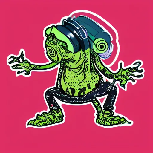 Image similar to svg sticker of a Pop-Wonder Alien-Bog-Monster-Swamp-Rat-Thunder-Coot-Racing-Fan at a rave, spinning records, giant headphones rocking out, wearing headphones, huge speakers, dancing, rave, DJ, spinning records, digital art, amazing composition, rule-of-thirds, award-winning, trending on artstation, featured on deviantart