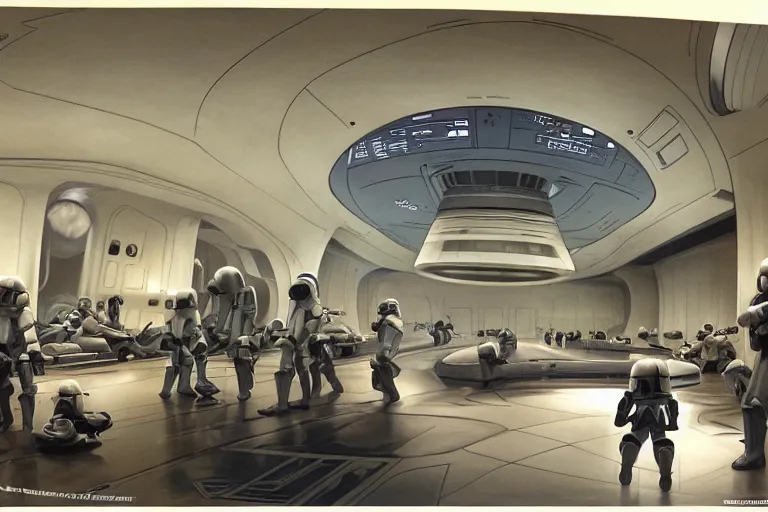 Image similar to ralph mcquarrie concept art for death star corridor interior with storm troopers