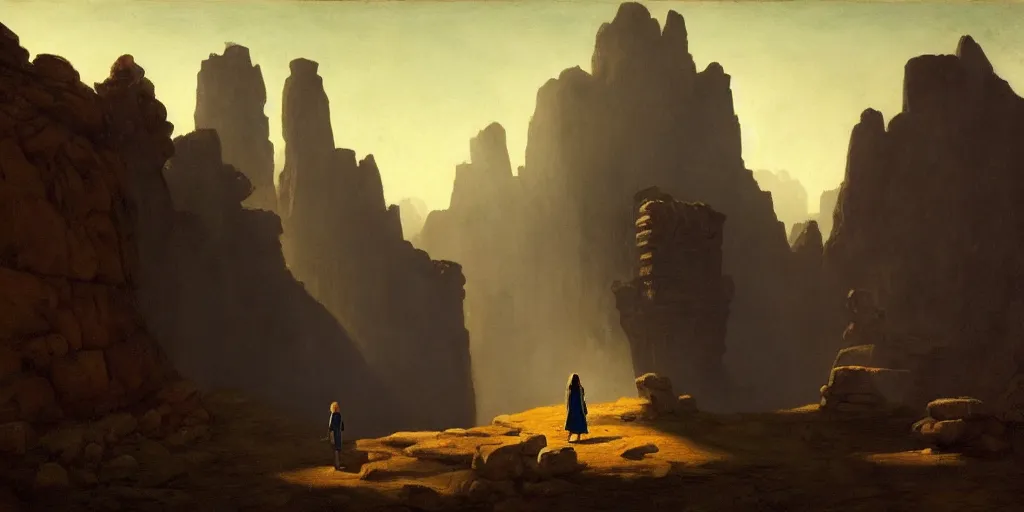 Image similar to a young girl stands next to a stone giant, shadow of the colossus, in front of a temple, in a large desert cave, dramatic lighting, hudson river school