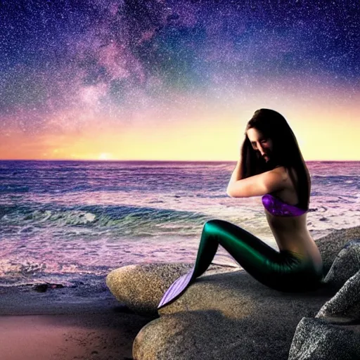 Image similar to a mermaid sitting on a rock, beach, starry sky, sunset