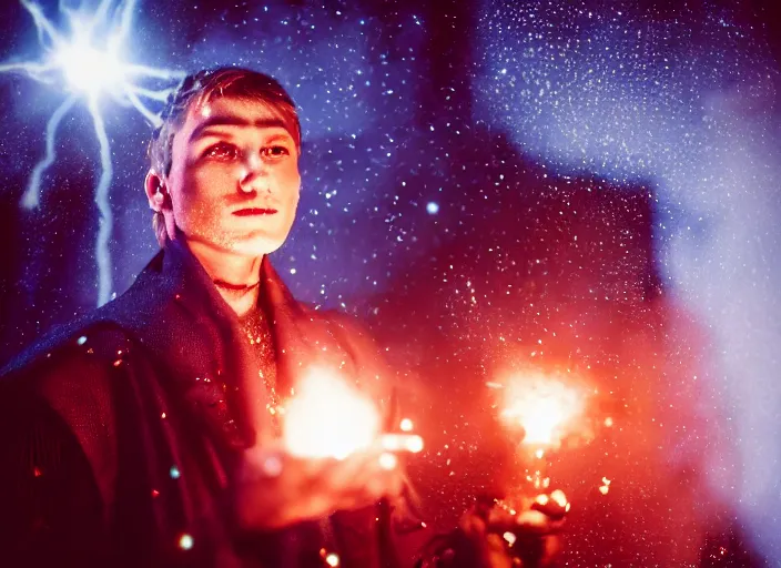 Prompt: closeup of a very very good looking detailed fantasy sorcerer wearing amazing clothes ejects a blast of magic energy from their hands!! dramatically on an empty moonlit hill, dramatic lighting, lens flare, 3 5 mm f 1. 4, professional photography, kodak ektar