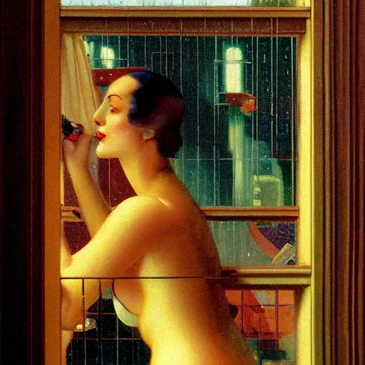 Image similar to retrofuturistic 1 9 3 0 s detailed oil painting of a woman in a window, cyberdeco cloisters, electronic billboards, tech noir, wet reflections, atmospheric, ambient, wlop, livia prima, george tooker, greg rutkowski, gil elvgren, grant wood, alexis flower, hopper, mucha, whistler, norman rockwell, peter max