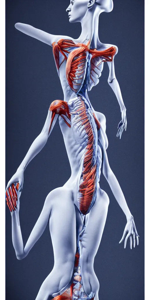 Image similar to poster design, full body anatomical model, 3 d photographic render of a deconstructed asymmetric human anatomical correct human body, in hoc signo vinces, waterfall, in the style of leonora carrington, gottfried helnwein, intricate composition, blue light by caravaggio, insanely quality, highly detailed, masterpiece, red light, artstation
