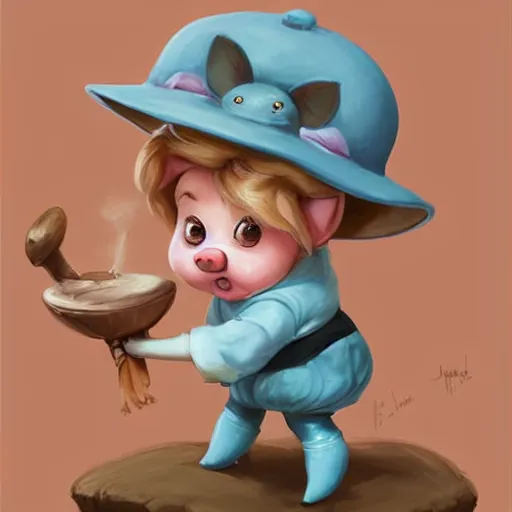 Image similar to cute little anthropomorphic funny female pig wearing shorts, a sunhat, boots and a pale blue shirt!! tiny!! fully clothed!!! small, short, cute and adorable, character art portrait, matte fantasy painting, deviantart artstation, by jason felix by steve argyle by tyler jacobson by peter mohrbacher, cinema