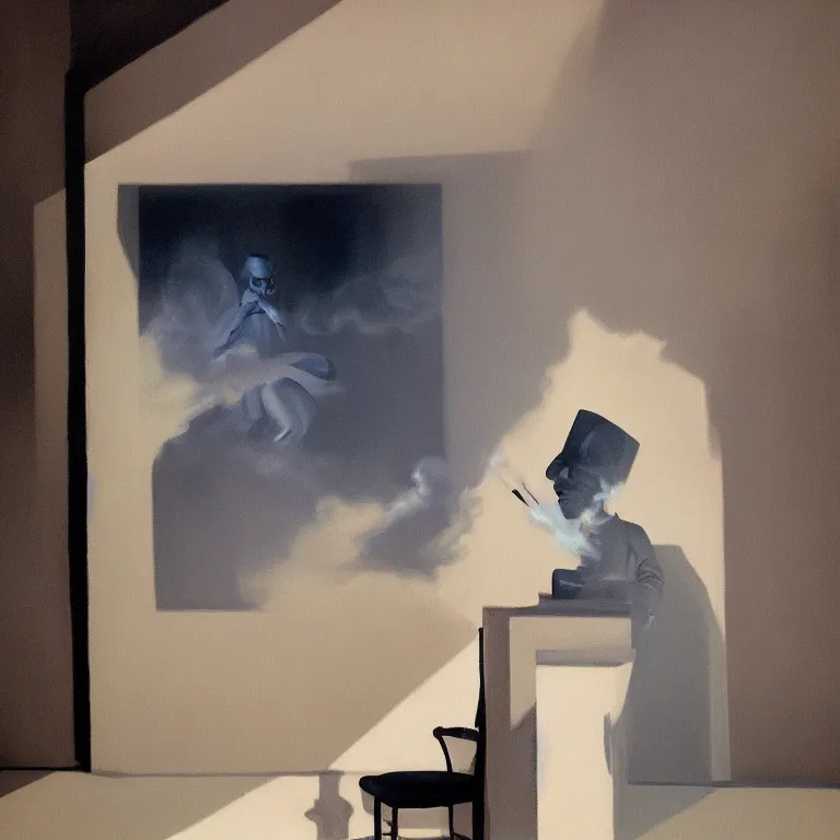 Prompt: man made out of smoke, ghost, , painted by Edward Hopper, painted by James Gilleard, airbrush