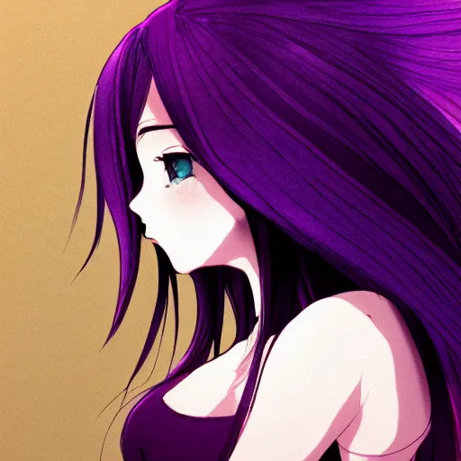 Prompt: dark-purple haired girl stares into the distance, anime art, dark background, golden eyes