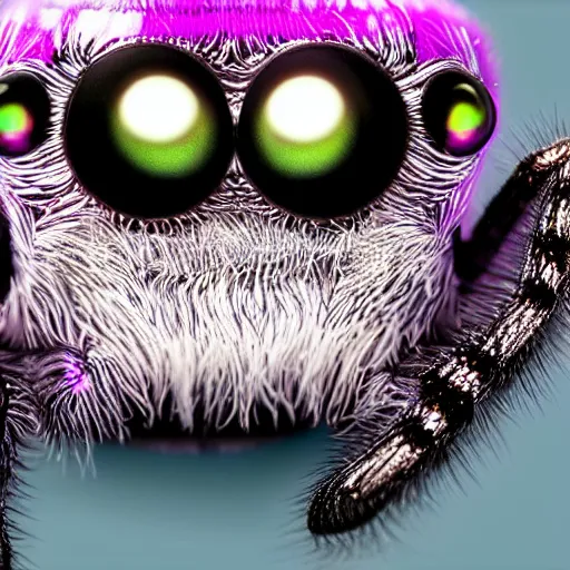 Image similar to a jumping spider pressing tiny keyboard keys tiny, by pixar, macro lens, iridescent, character concept art