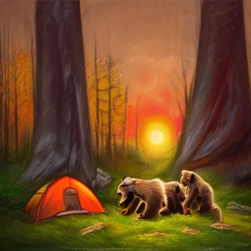 Prompt: a very very beautiful artwork of three bear cubs camping in a tent in the wood, sunset, vivid colors, soft lighting, atmospheric, cinematic, moody, trending on artstation, oil on canvas, 8K