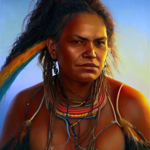 Image similar to portrait of an aboriginal australian woman ( 3 5 ) from australia in 2 0 2 1, an oil painting by ross tran and thomas kincade