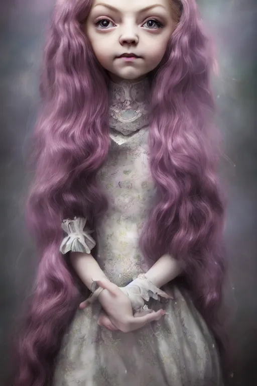 Prompt: natalie dormer as a cute porcelain doll with long purple hair, mark ryden style, vivid colors, high details, cinematic, 8 k resolution, beautiful detailed, photorealistic, digital painting, dark atmosphere, artstation, concept art, smooth, sharp focus, illustration, fantasy background, artstation trending, octane render, unreal engine